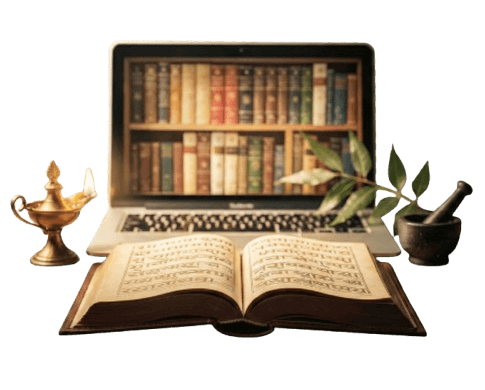 Archív ajurvédskych žurnálov - otvorená kniha s ajurvédskou múdrosťou